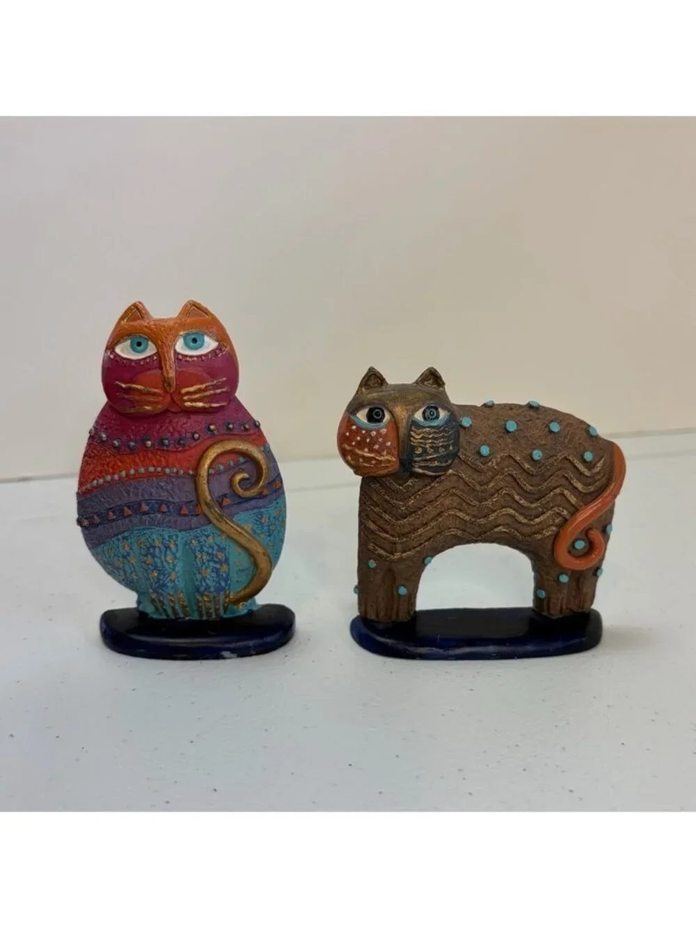 Laurel Burch Vintage 90s Colourful Resin Cats Lot of 2 Cat Lady Decor Red blue